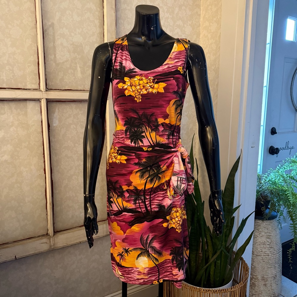 Tropical Vintage Sananas Sleeveless Wrap Knee Length Beach Dress Small